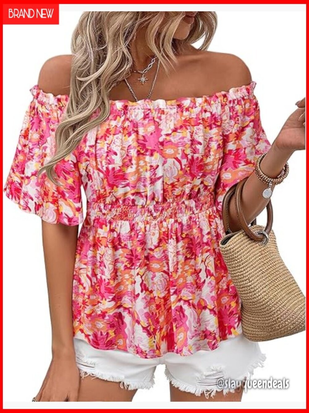Off Shoulder Peplum Top Ruffle Sleeve Blouse Rayon Nylon Summer